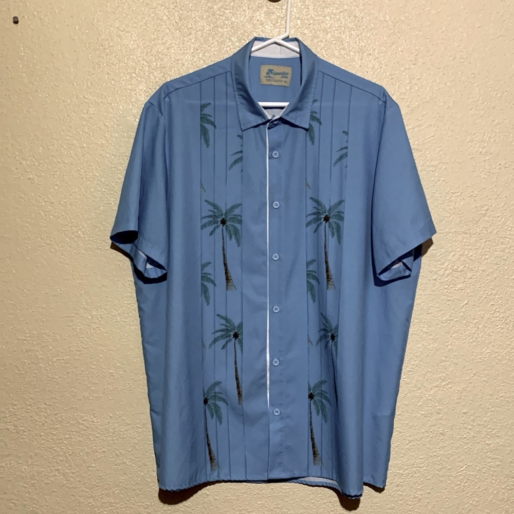 Hawaiian Shirts Mens 2XL Blue Short Sleeve Palm Trees Front Buttons Light Weight